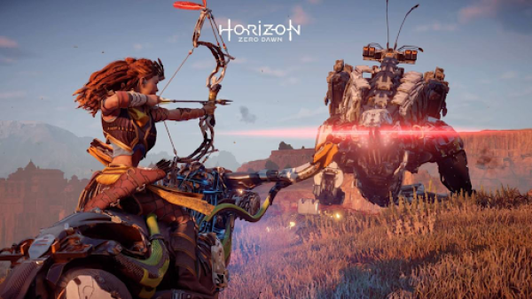 Aloy attacking a Thunderjaw with a Sharpshot Bow