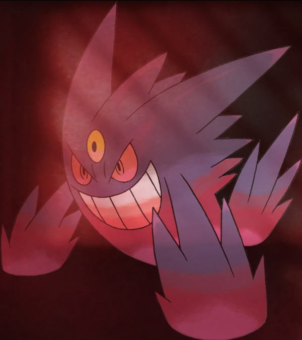 Pokemon GO Best Mega Evolutions For PVE. A Pokémon purple and red on a black background with red lights. This Pokémon is Mega Gengar. It has red eyes and a malicious smile 