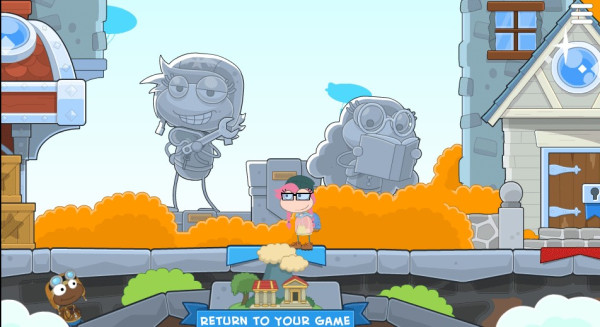 A screenshot from Poptropica's "Home Island", where it features Gentle Dolphin from Poptropica Help Blog, standing in between a shop and their clubhouse.