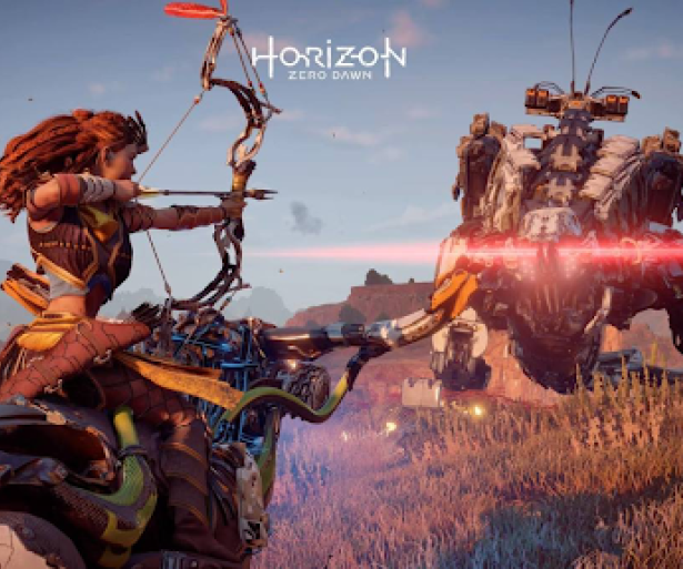 Aloy attacking a Thunderjaw with a Sharpshot Bow