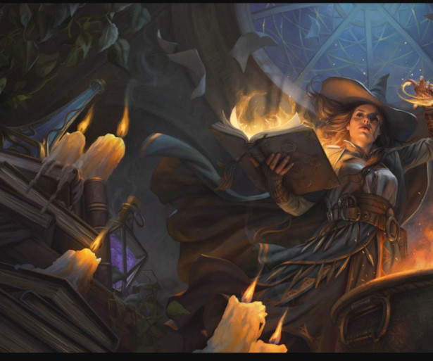 Sorcerer surrounded by cauldrons and reading from magic book