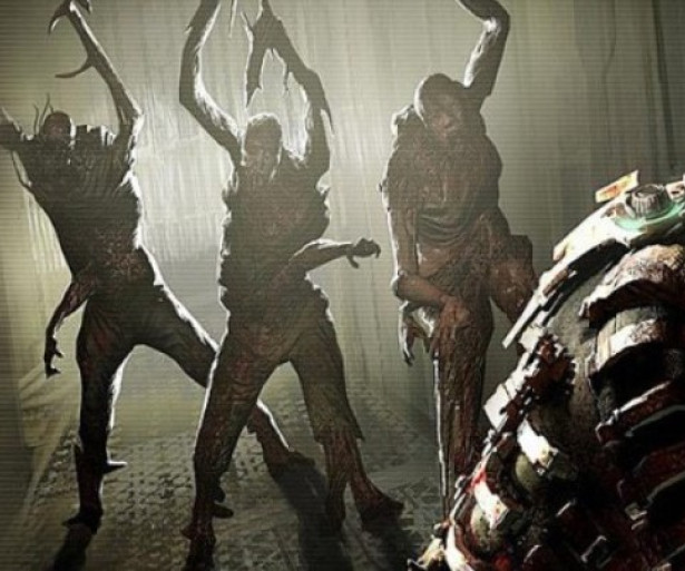 A banner showcasing a group of Necromorphs chasing Isaac Clarke from Dead Space