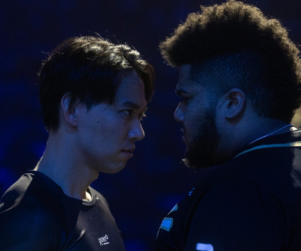 Tokido and MenaRD stare each other down before their big match at Evo 2023.